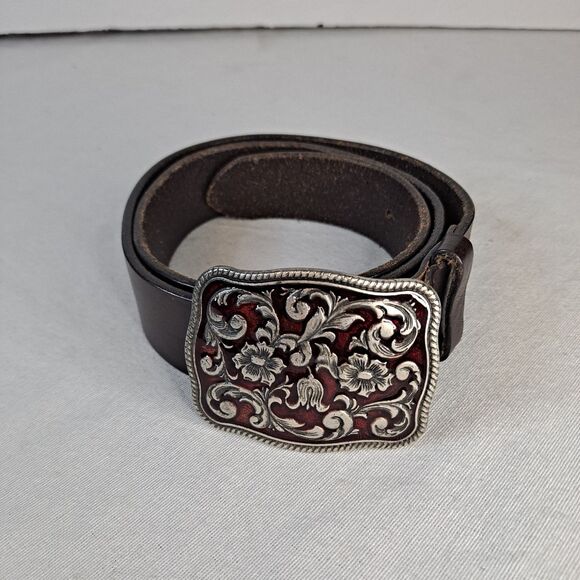 Gap Leather Belt made in Italy Inlay Enamel Floral Metal Buckle Wms M Brown - Picture 1 of 7